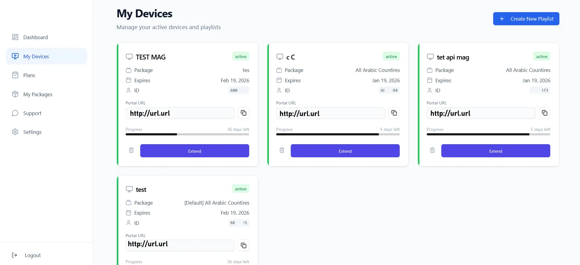IPTV Pilot Client Dashboard - Manage subscriptions, M3U playlists, and EPG links in a secure portal.